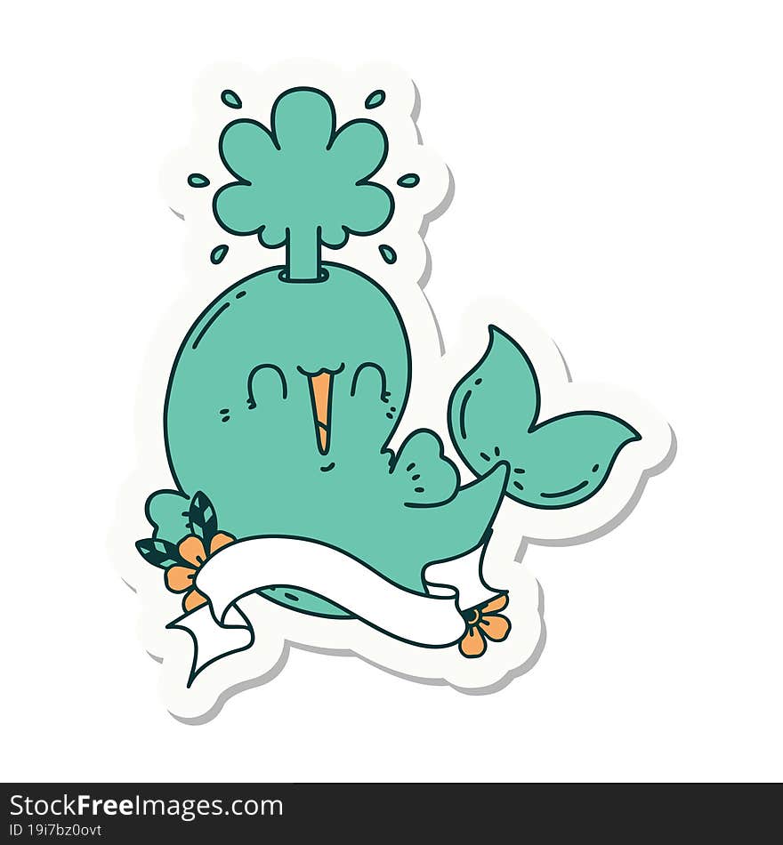 sticker of tattoo style happy squirting whale character