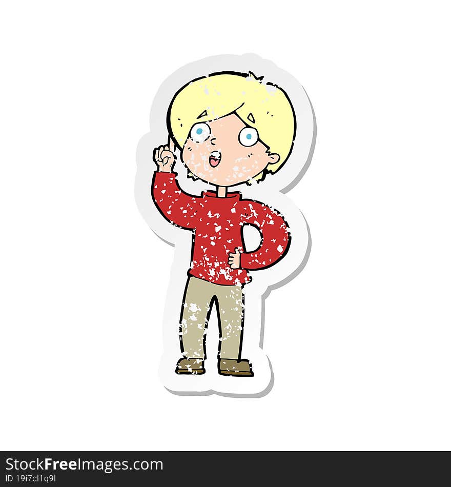 retro distressed sticker of a cartoon boy with idea