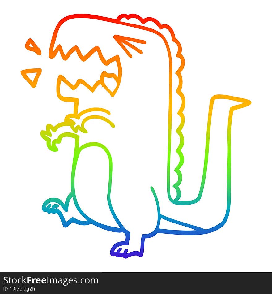 rainbow gradient line drawing of a cartoon roaring dinosaur