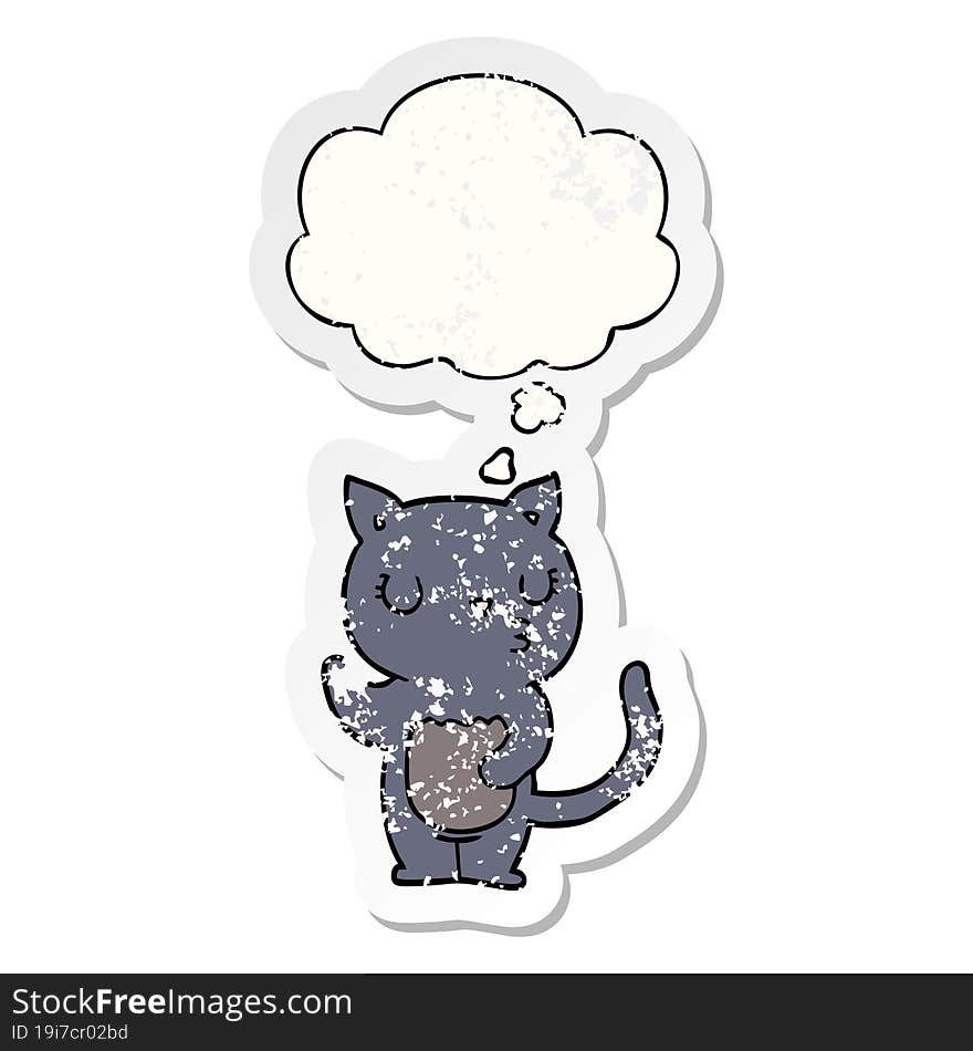 cute cartoon cat with thought bubble as a distressed worn sticker