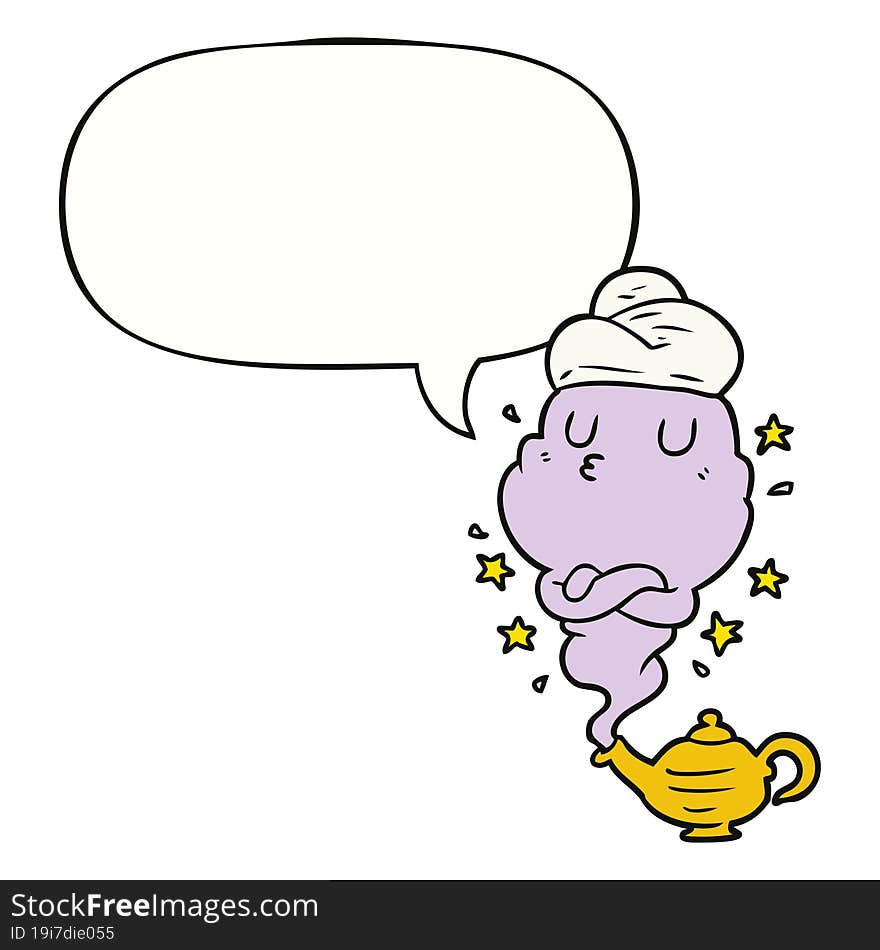 cute cartoon genie rising out of lamp with speech bubble