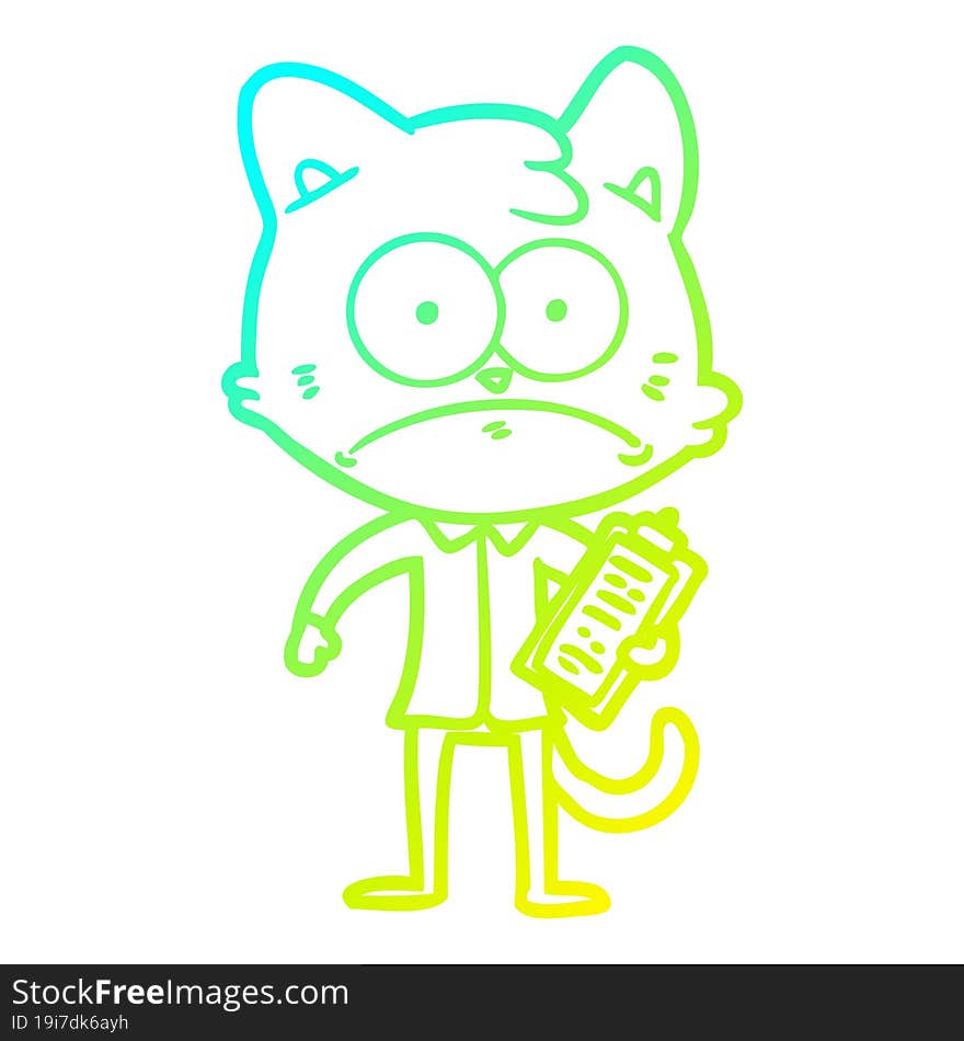 cold gradient line drawing cartoon cat with clipboard