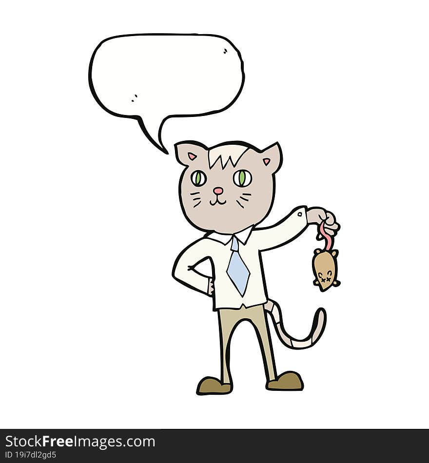 cartoon business cat with dead mouse with speech bubble