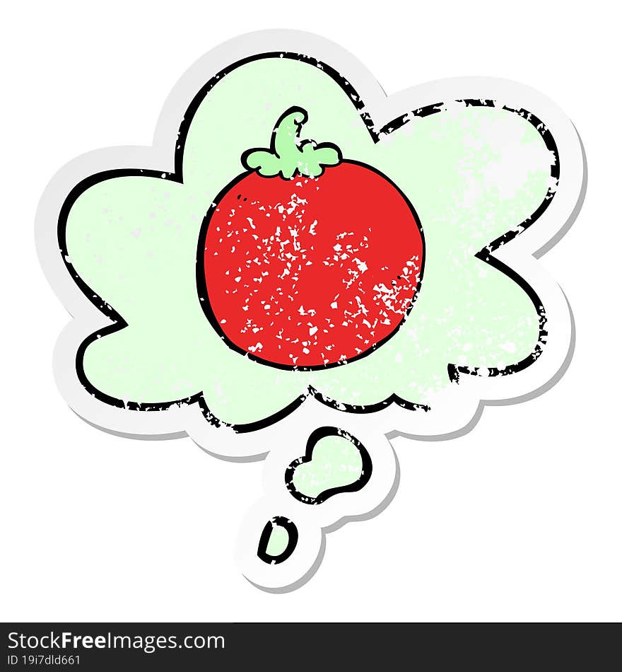 cartoon tomato and thought bubble as a distressed worn sticker