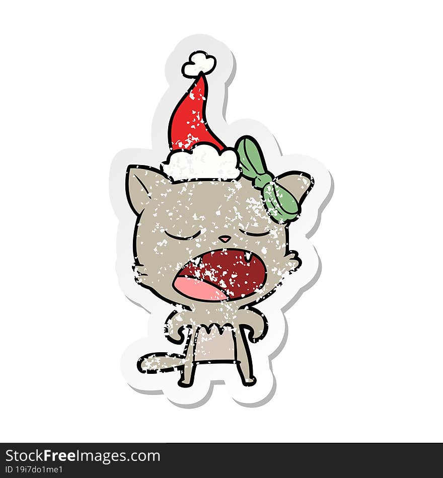 Distressed Sticker Cartoon Of A Cat Meowing Wearing Santa Hat