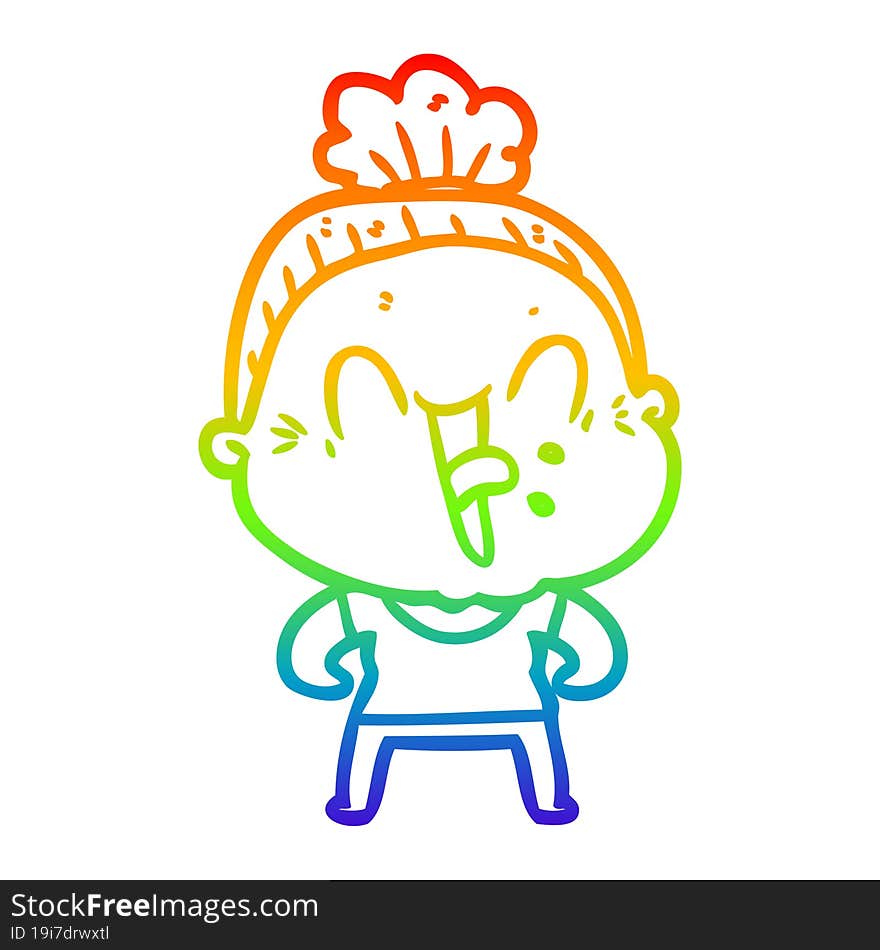 rainbow gradient line drawing of a cartoon happy old woman