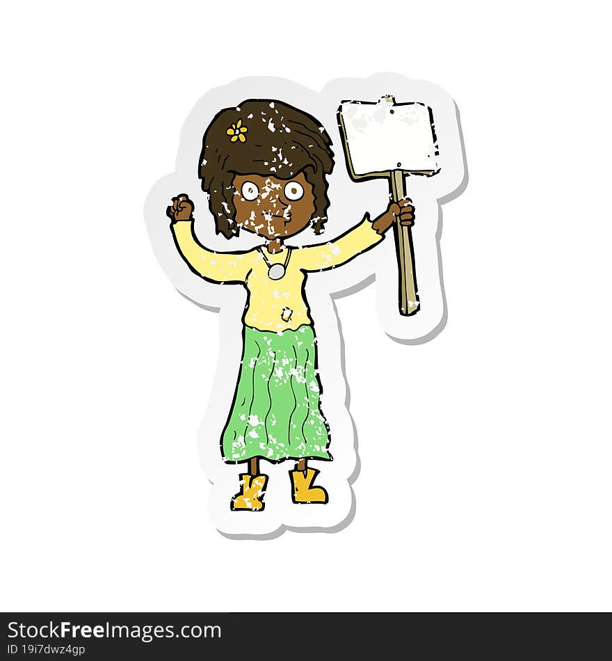 Retro Distressed Sticker Of A Cartoon Hippie Girl With Protest Sign