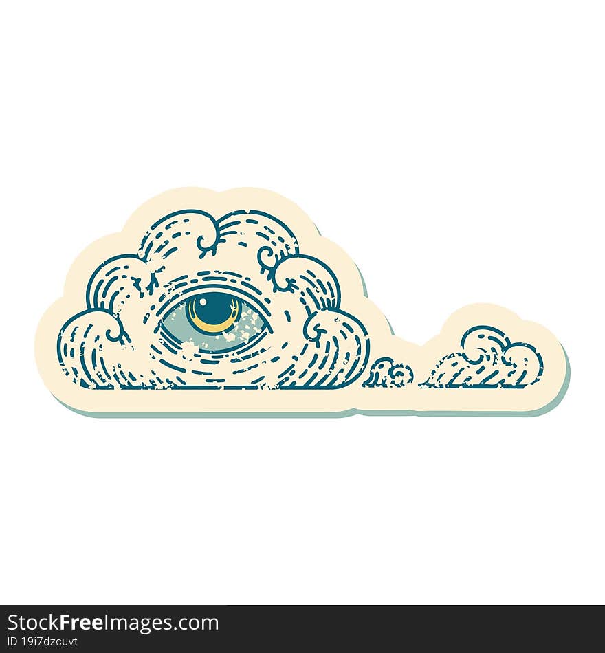 iconic distressed sticker tattoo style image of an all seeing eye cloud. iconic distressed sticker tattoo style image of an all seeing eye cloud