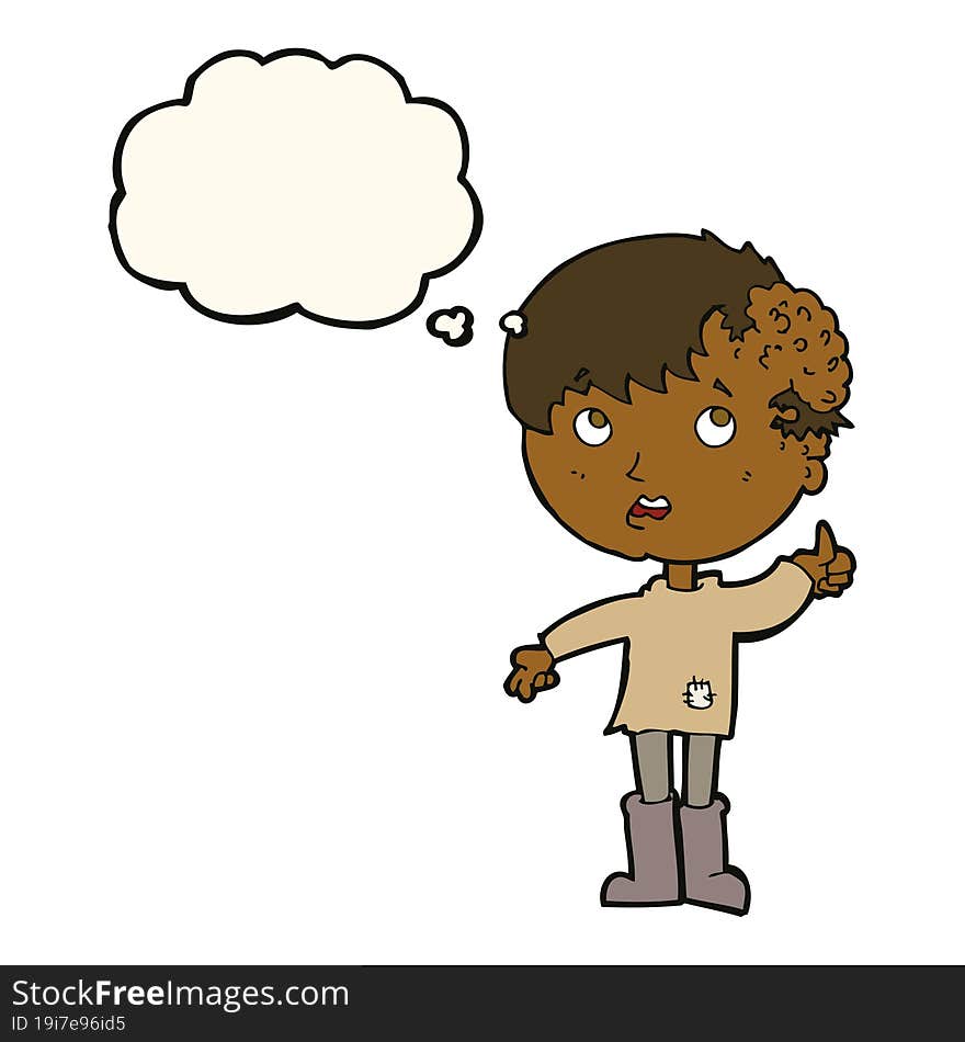 cartoon boy with growth on head with thought bubble