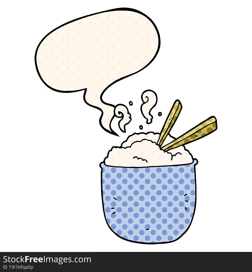 cartoon bowl of rice and speech bubble in comic book style