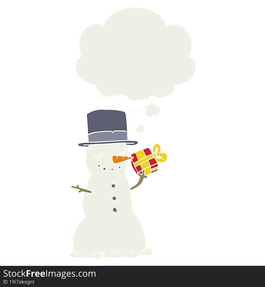 cartoon christmas snowman and thought bubble in retro style