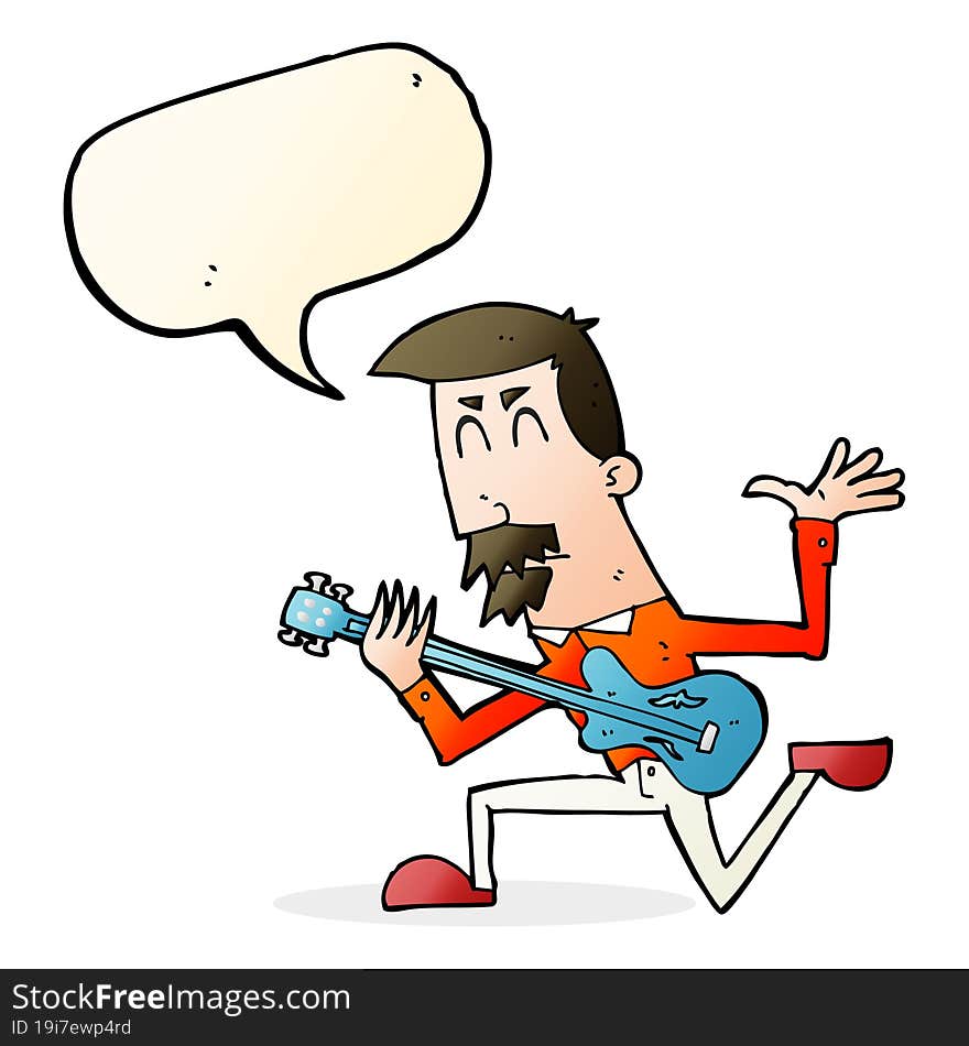 cartoon man playing electric guitar with speech bubble