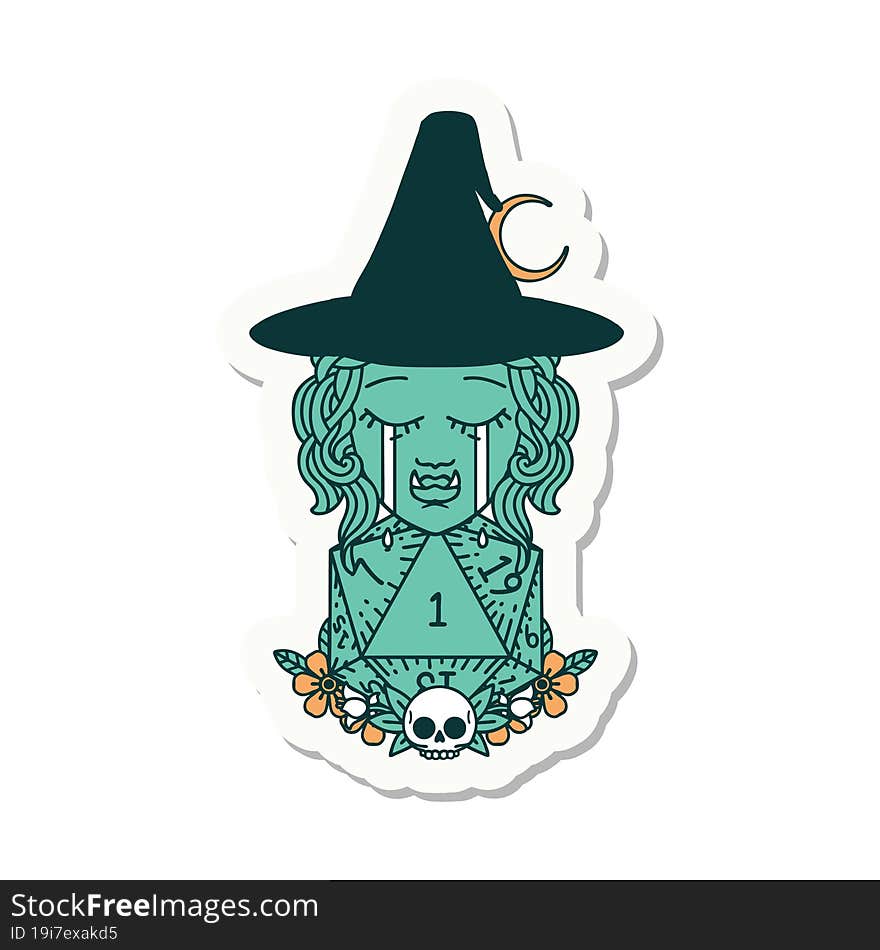 sad half orc witch character with natural one D20 roll sticker