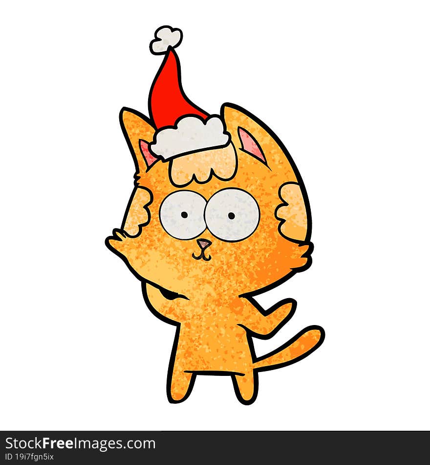 happy textured cartoon of a cat wearing santa hat