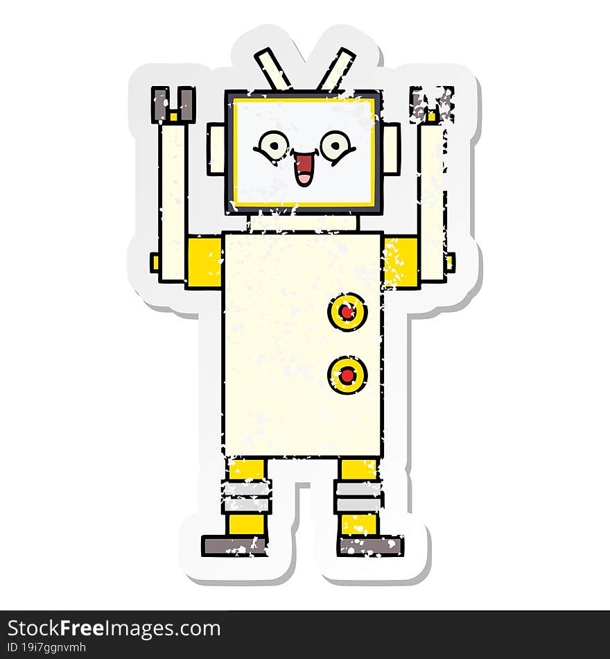 Distressed Sticker Of A Cute Cartoon Happy Robot