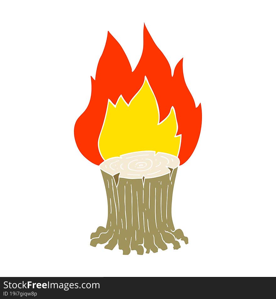 flat color illustration of a cartoon big tree stump on fire