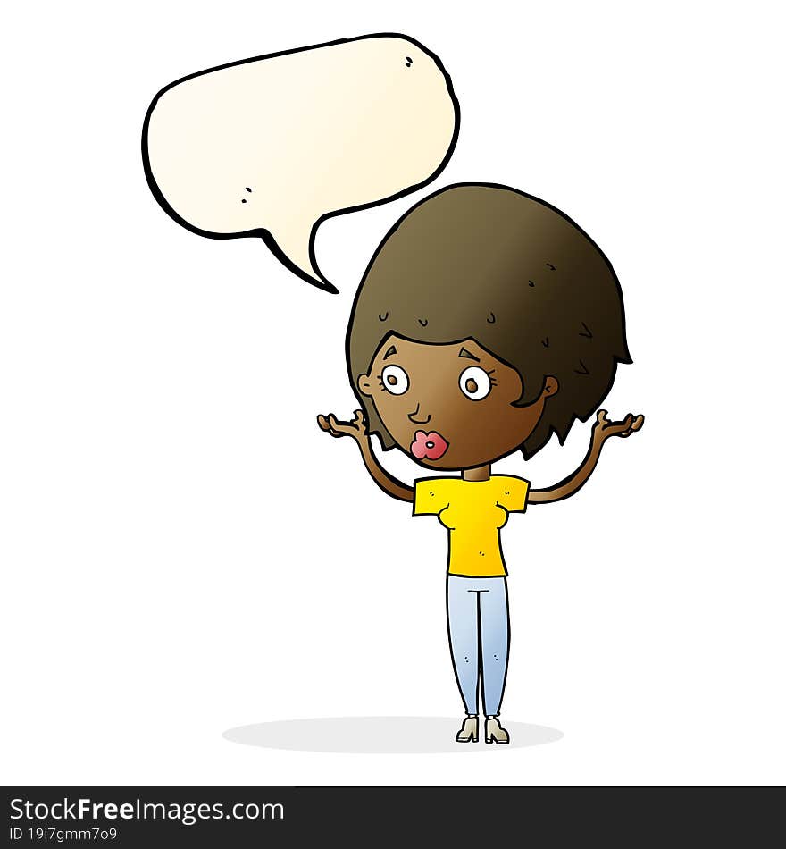 cartoon woman raising hands in air with speech bubble