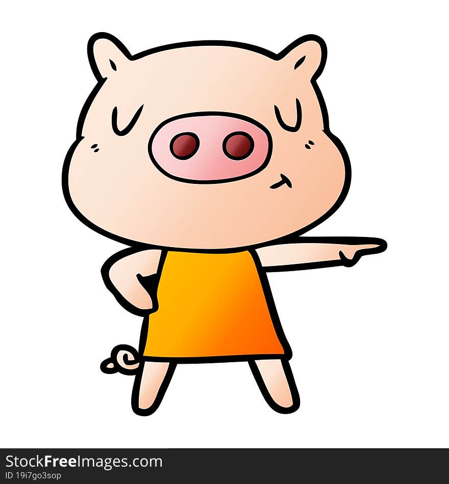 cartoon content pig in dress pointing. cartoon content pig in dress pointing