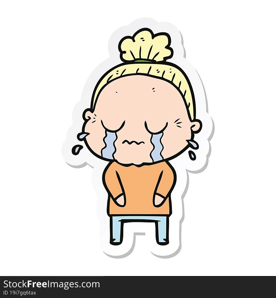 Sticker Of A Cartoon Crying Old Lady