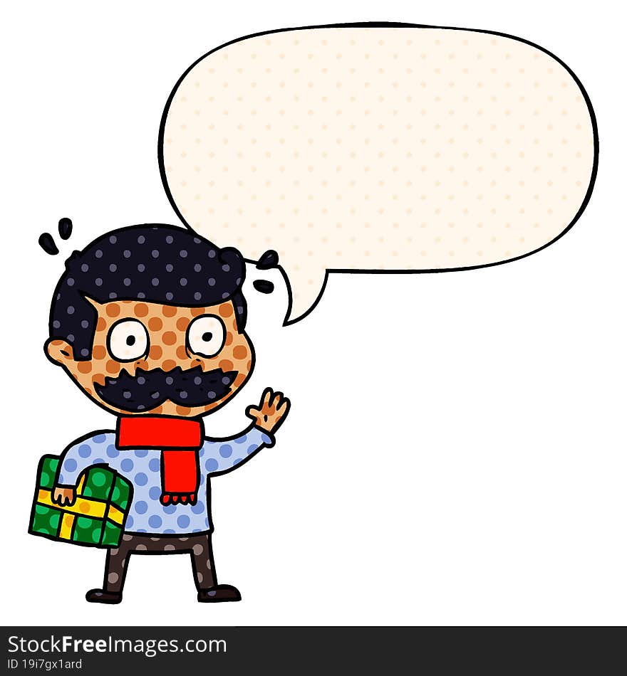 cartoon man with mustache and christmas present with speech bubble in comic book style. cartoon man with mustache and christmas present with speech bubble in comic book style