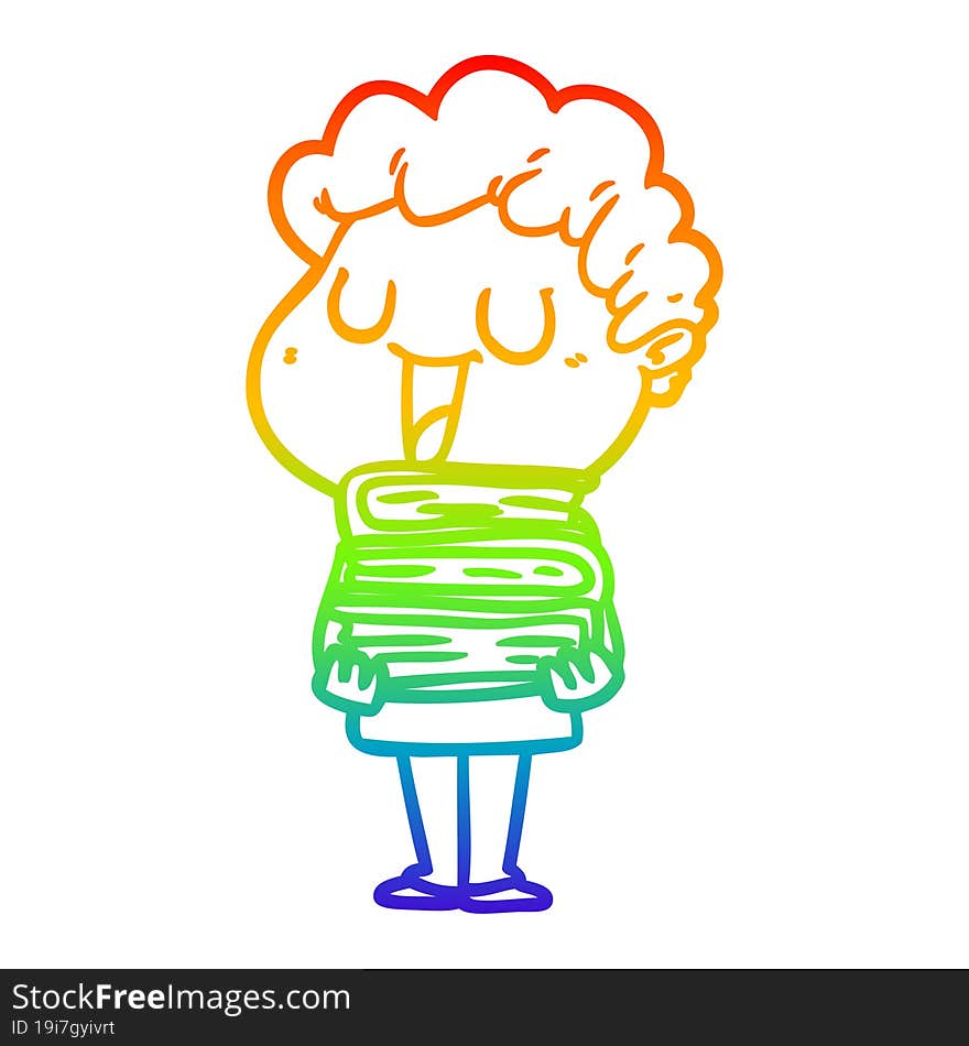 rainbow gradient line drawing laughing cartoon man with books