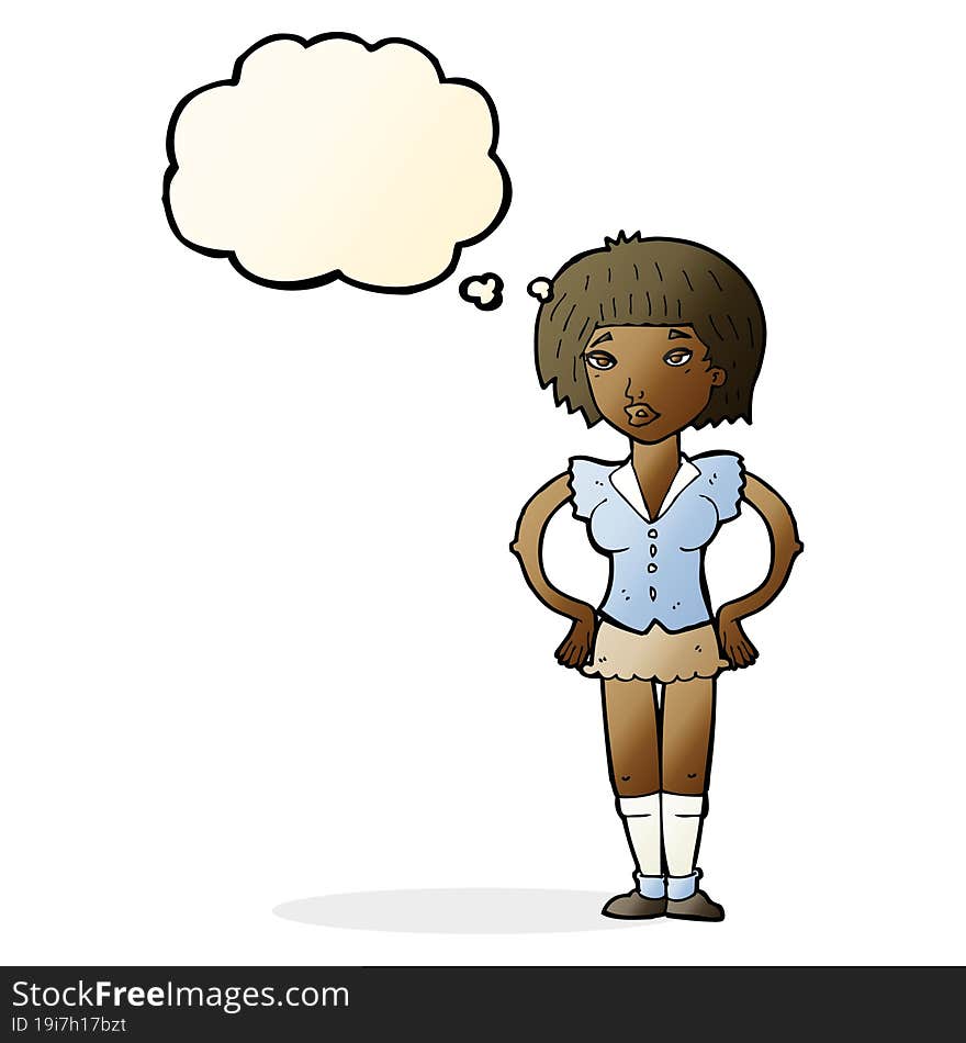 cartoon woman with hands on hips with thought bubble