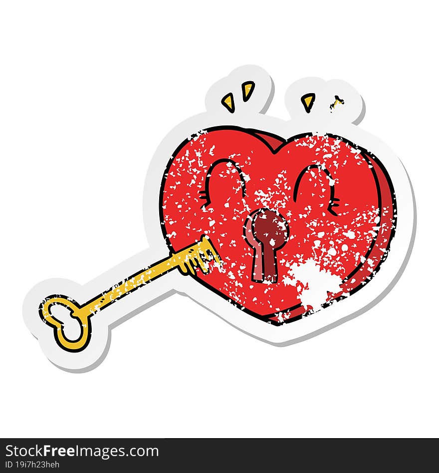 distressed sticker of a cartoon heart with key