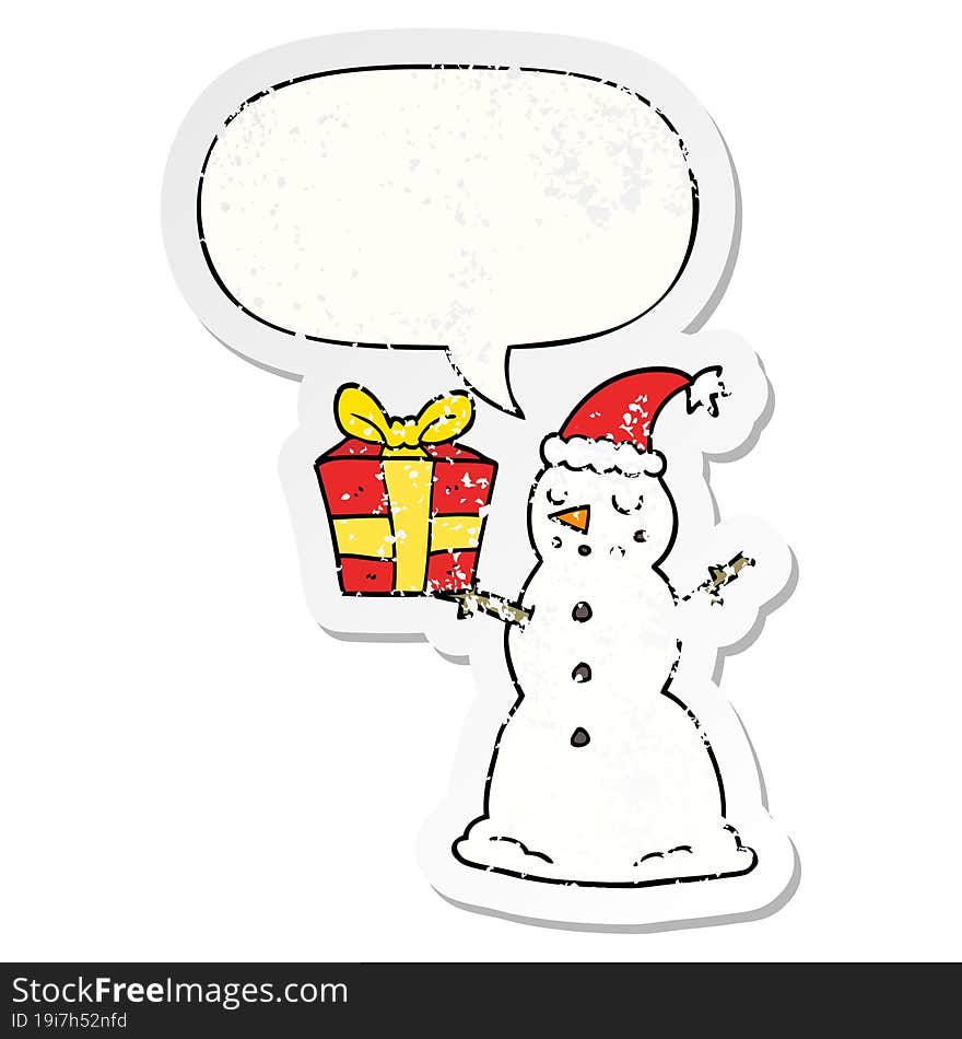 cartoon snowman and present and speech bubble distressed sticker