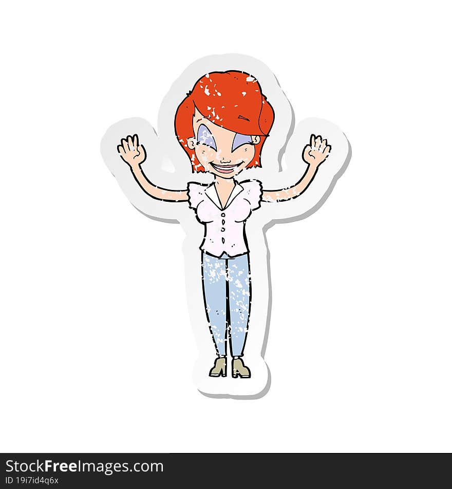 retro distressed sticker of a cartoon pretty woman with hands in air