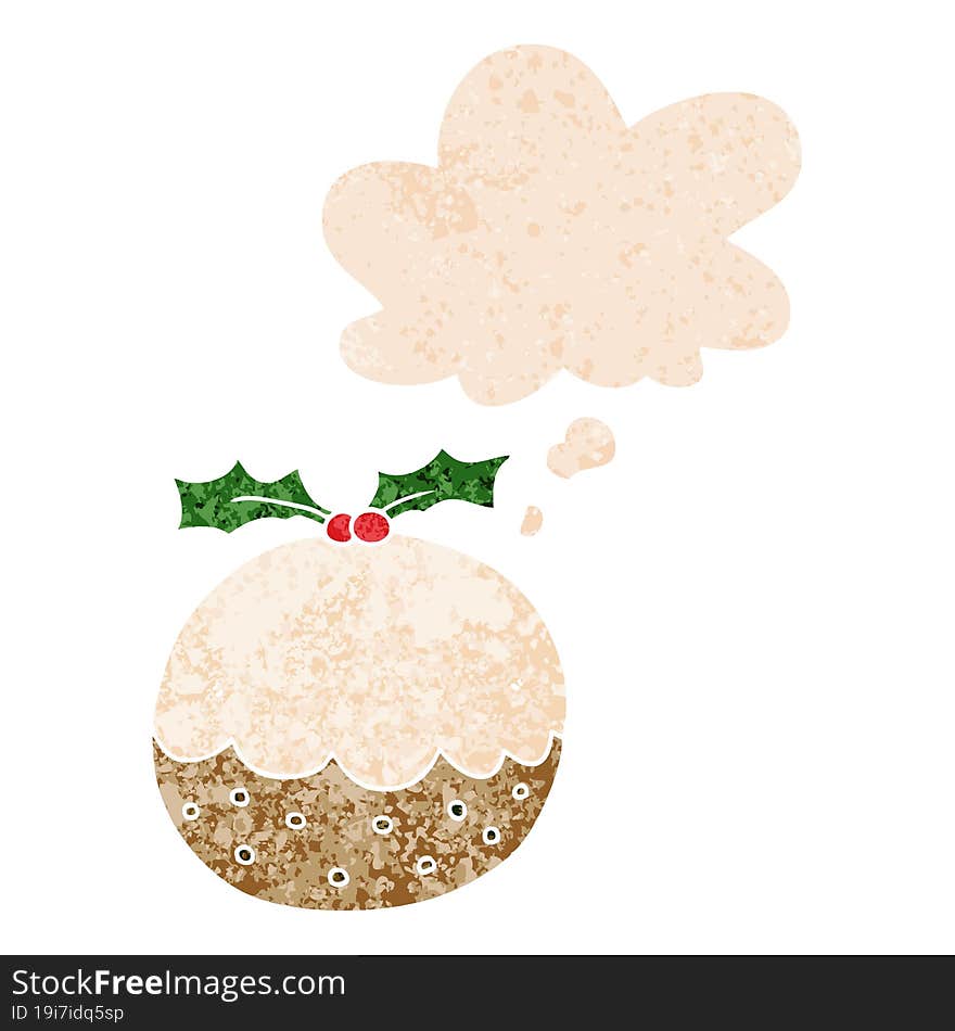 cartoon christmas pudding and thought bubble in retro textured style