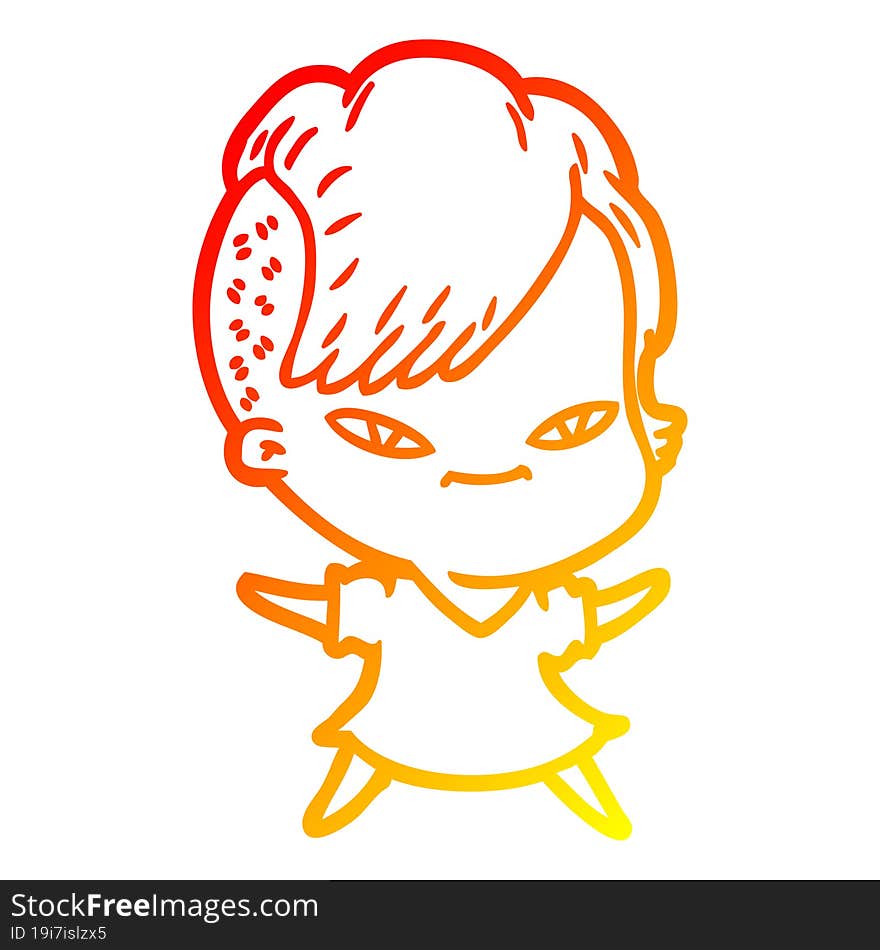 Warm Gradient Line Drawing Cute Cartoon Girl With Hipster Haircut