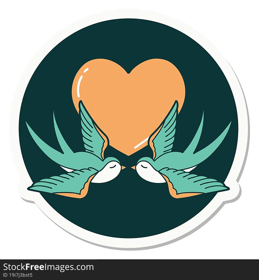 sticker of tattoo in traditional style of swallows and a heart. sticker of tattoo in traditional style of swallows and a heart