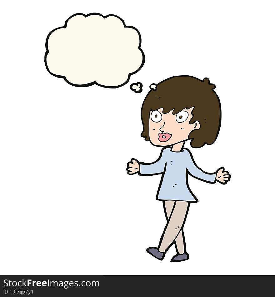 cartoon woman with open arms with thought bubble