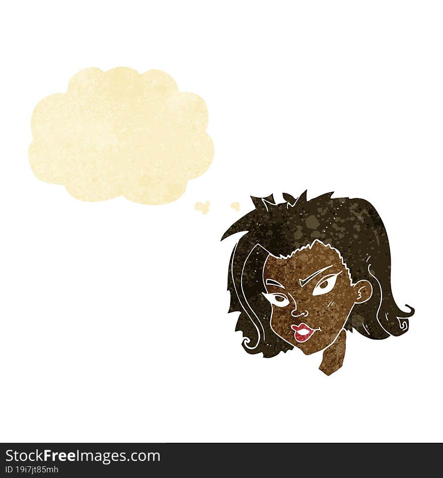 cartoon female face with thought bubble