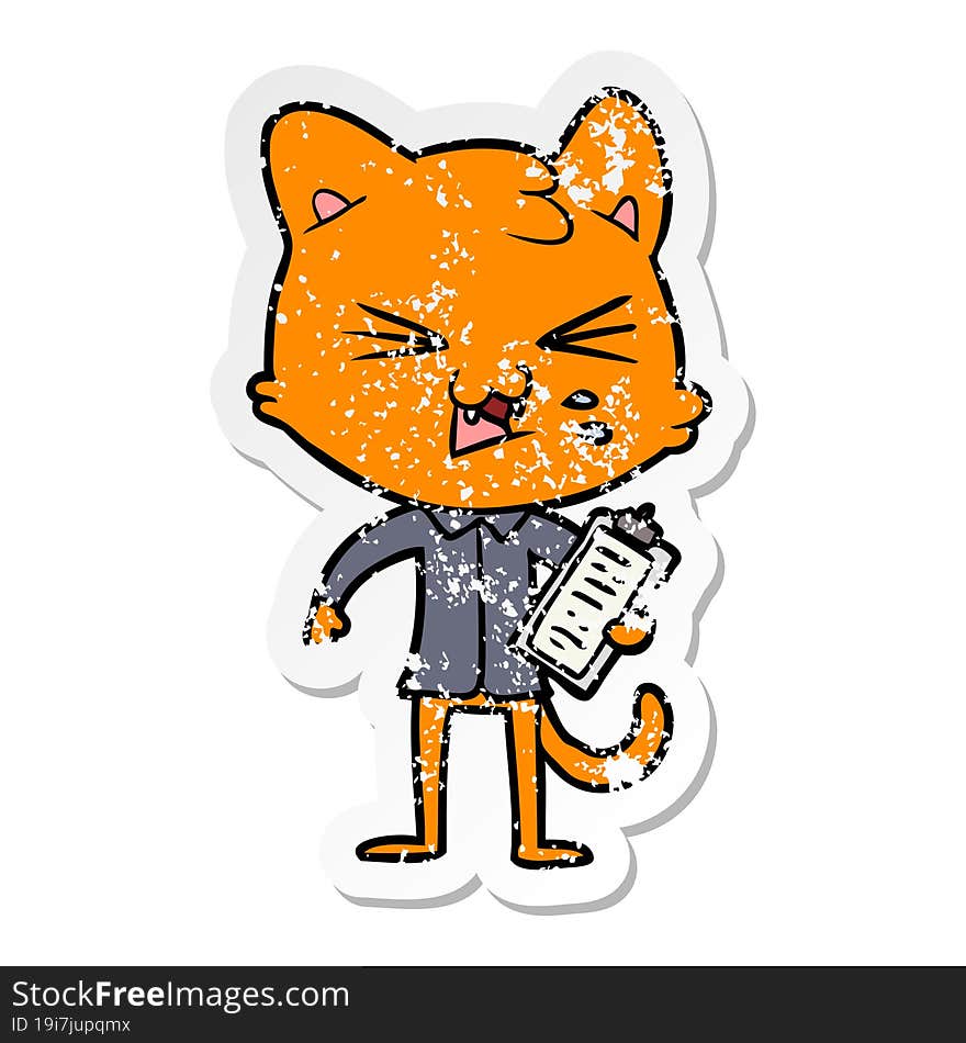 distressed sticker of a cartoon hissing cat