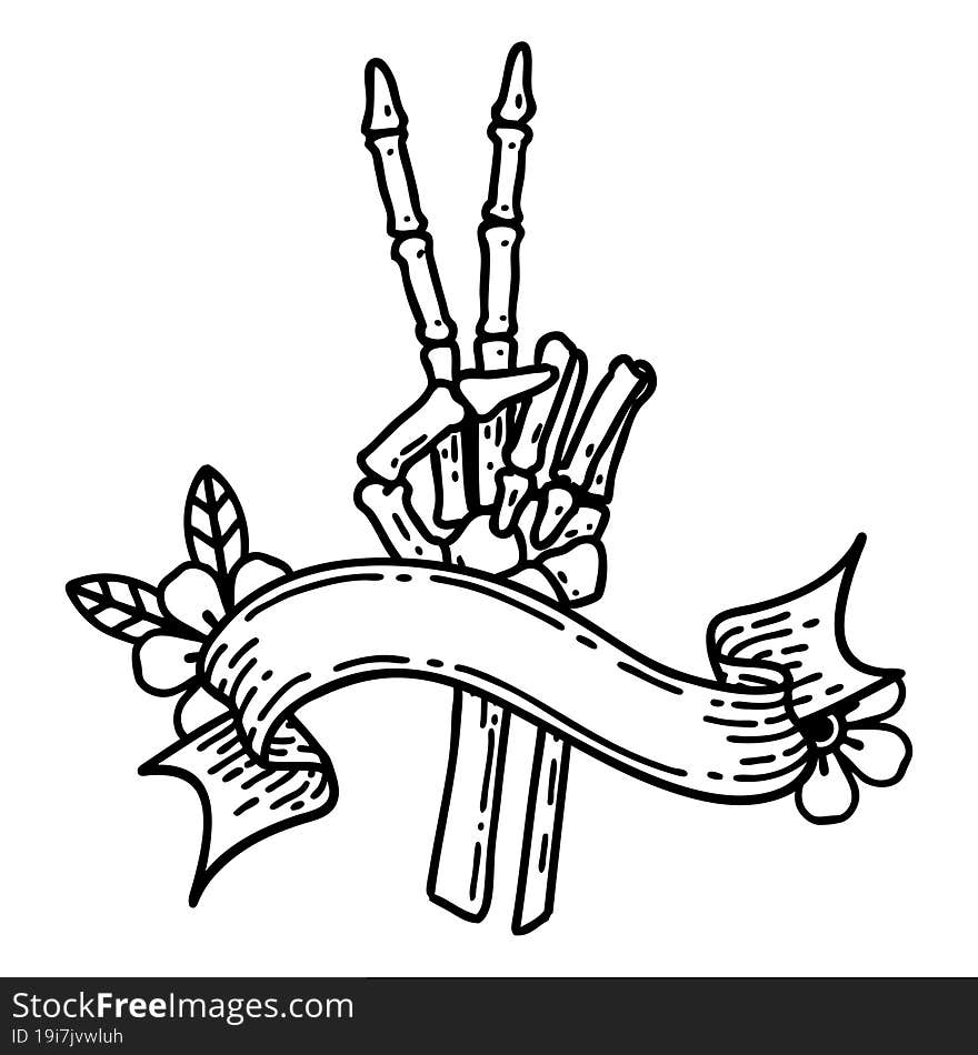 traditional black linework tattoo with banner of a skeleton giving a peace sign. traditional black linework tattoo with banner of a skeleton giving a peace sign