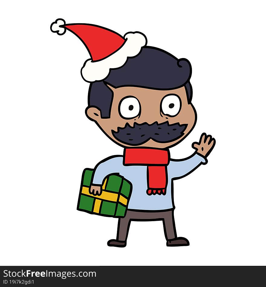 line drawing of a man with mustache and christmas present wearing santa hat