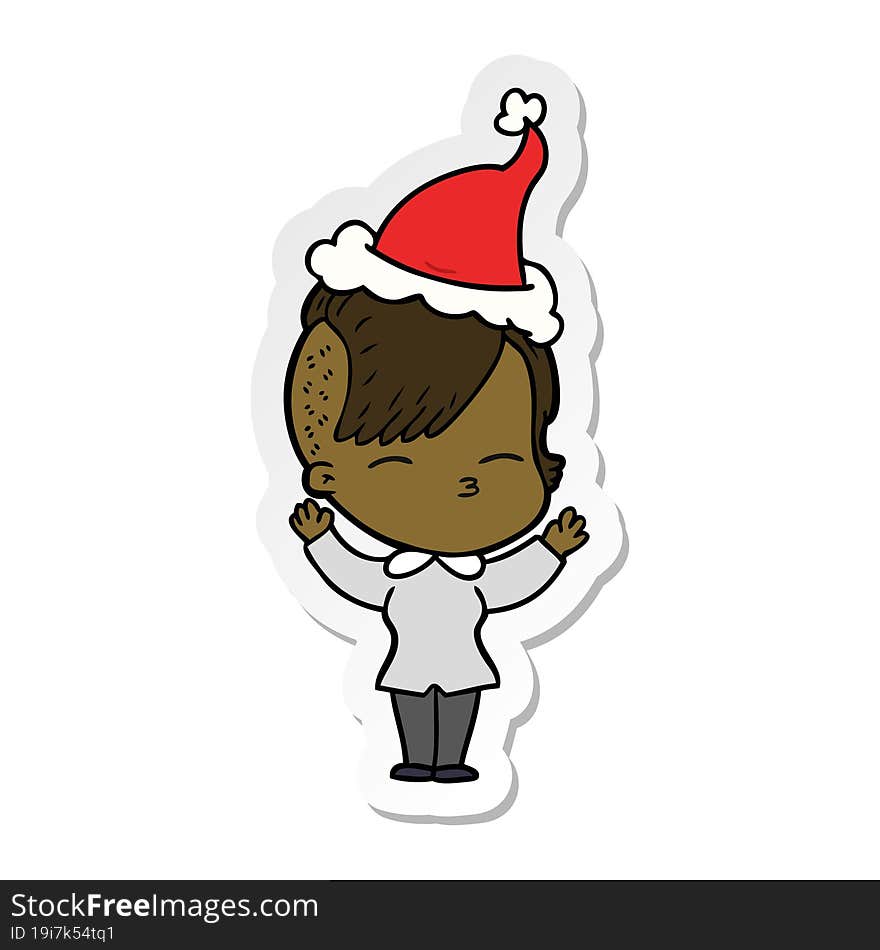 Sticker Cartoon Of A Squinting Girl Wearing Santa Hat