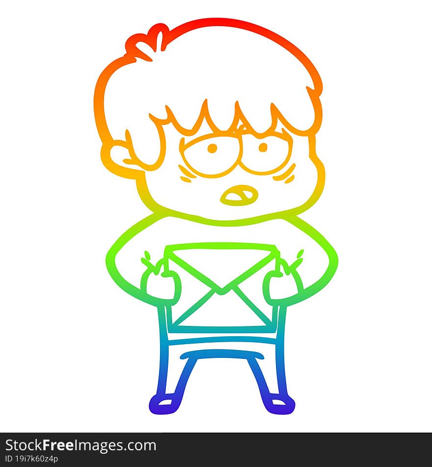 rainbow gradient line drawing of a cartoon exhausted boy with letter