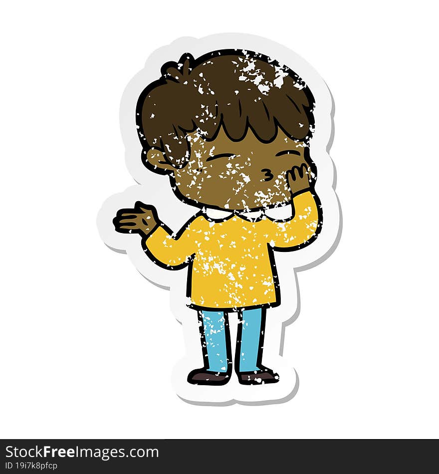 distressed sticker of a cartoon curious boy