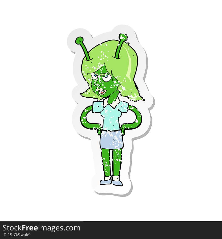 Retro Distressed Sticker Of A Cartoon Alien Woman