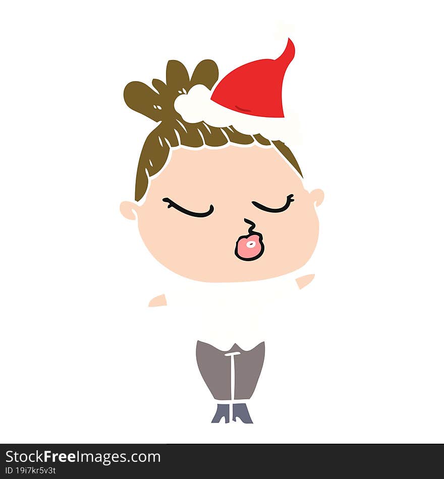 Flat Color Illustration Of A Calm Woman Wearing Santa Hat