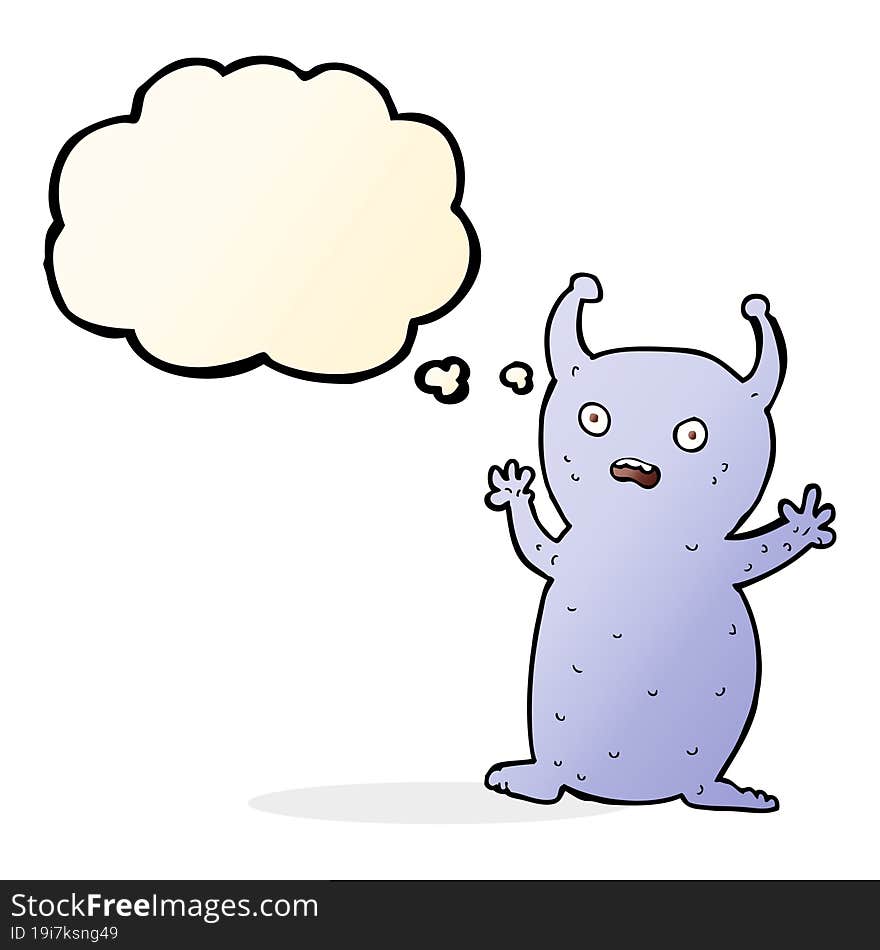 cartoon funny little alien with thought bubble