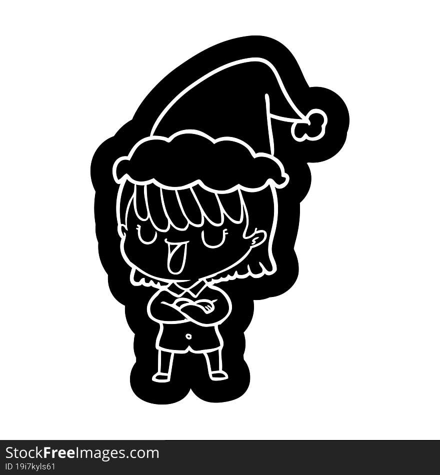 quirky cartoon icon of a woman wearing santa hat