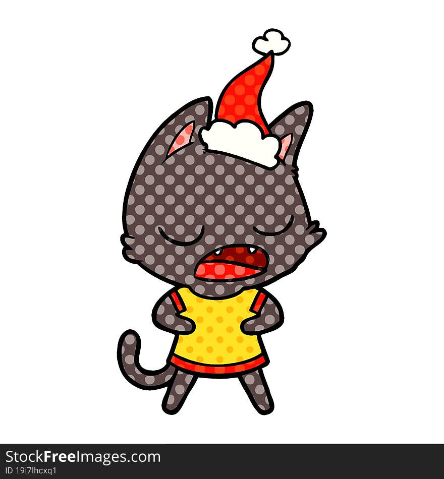 talking cat comic book style illustration of a wearing santa hat