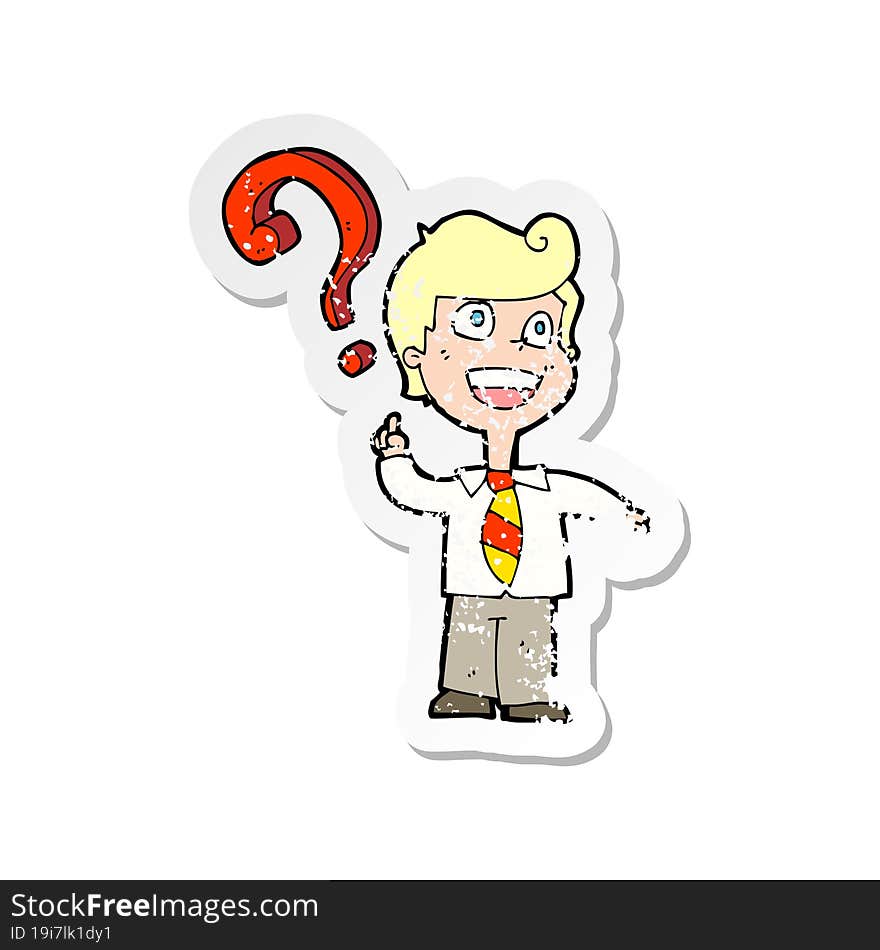 retro distressed sticker of a cartoon school boy asking question