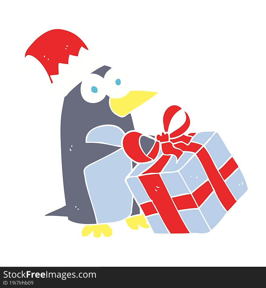 flat color illustration of a cartoon christmas penguin