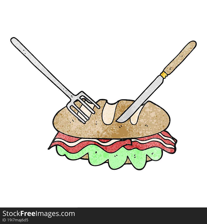 freehand drawn texture cartoon knife and fork cutting huge sandwich