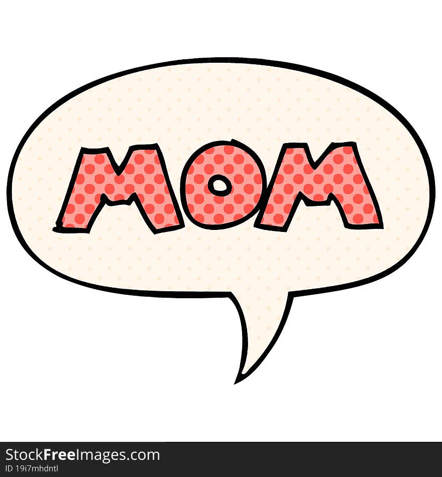 cartoon word mom and speech bubble in comic book style