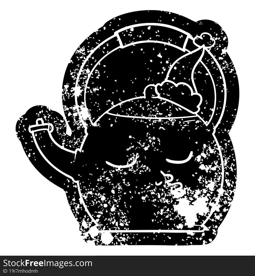 Cartoon Distressed Icon Of A Kettle Wearing Santa Hat